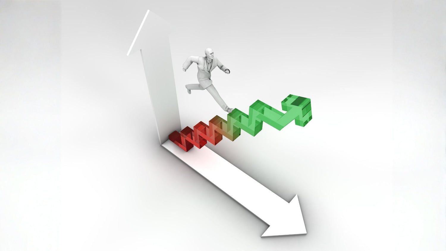 Businessman running up green upward graph arrow for financial growth