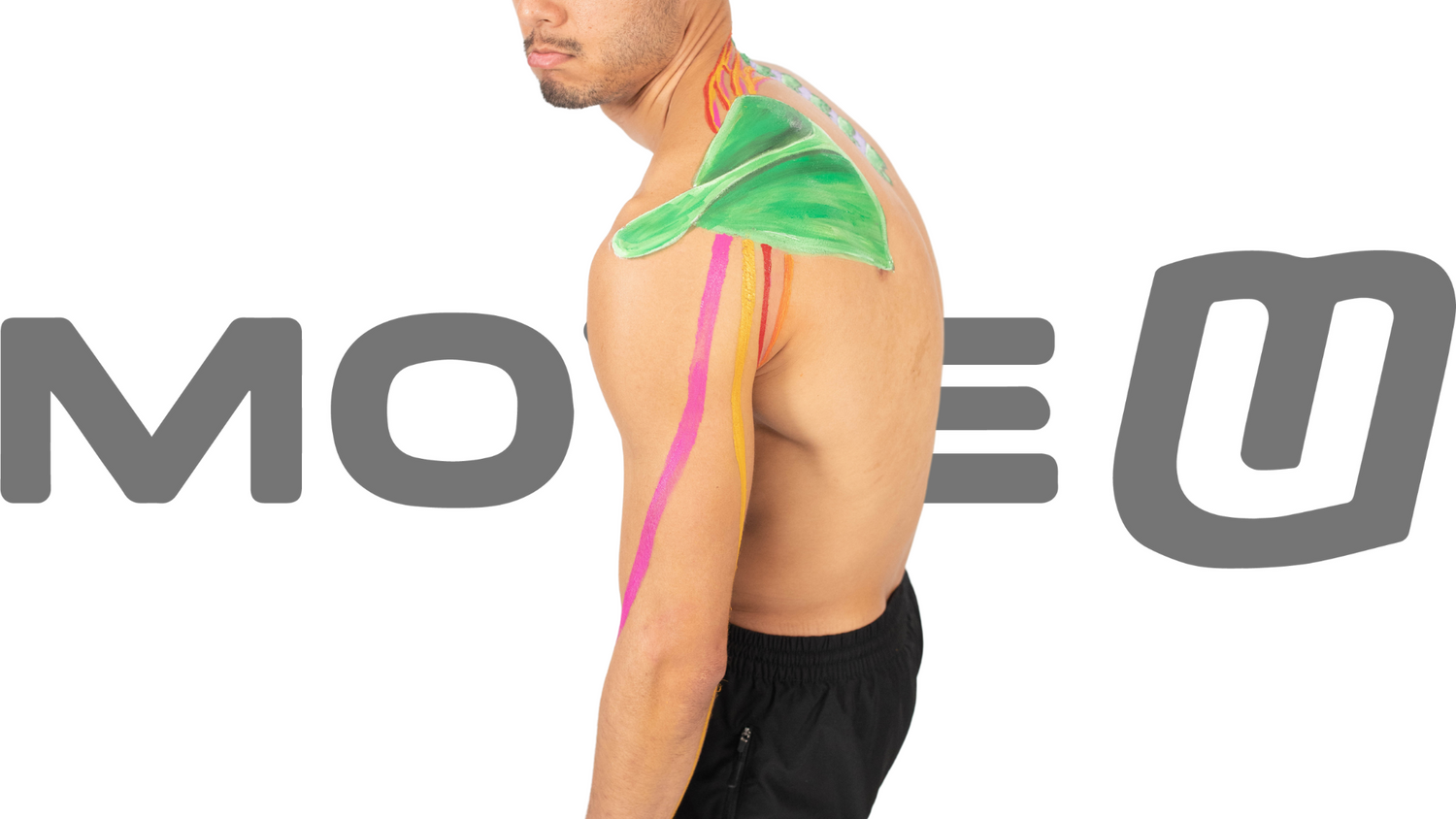 Green multicolored kinesiology tape on mans shoulder for neck hump relief