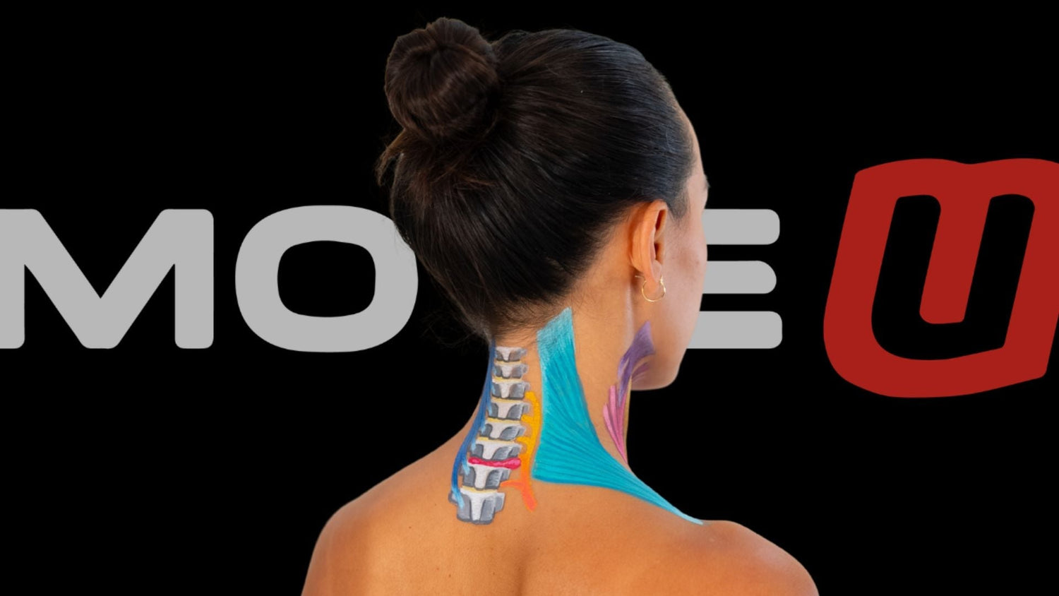 Female model with painted anatomy art showing neck muscles and spine