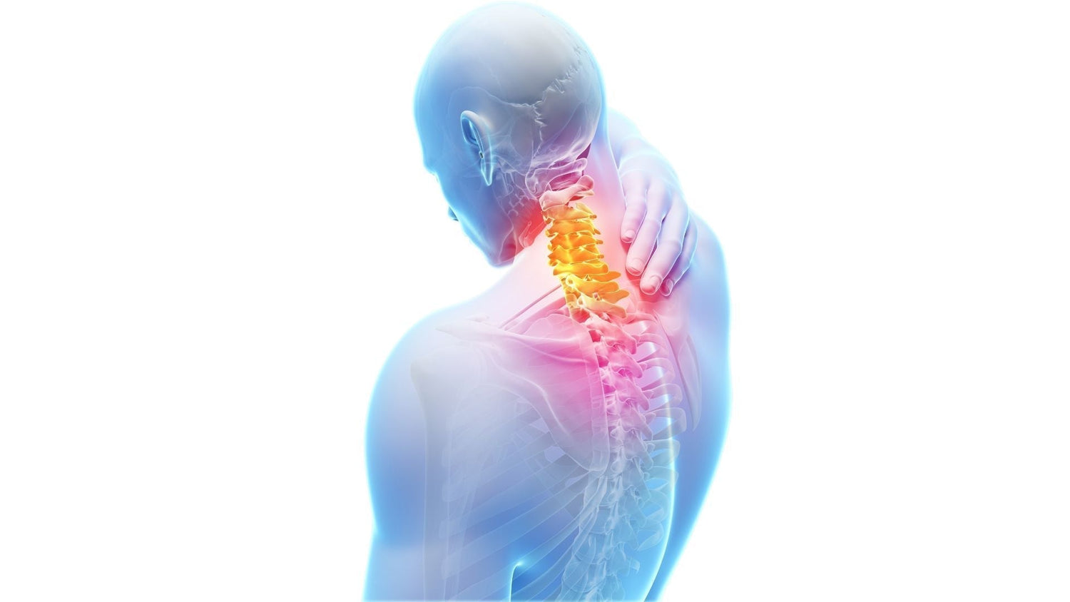 Translucent blue figure with glowing spine highlighting neck pain relief