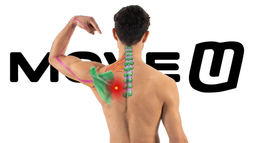 Man’s back with green and red spine diagram over shoulder blade