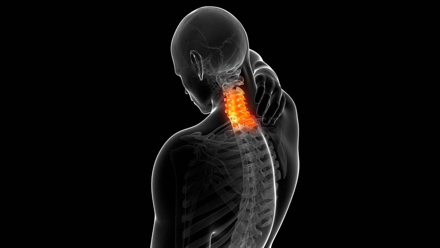 Glowing orange cervical spine in translucent human figure showing tech neck posture issues