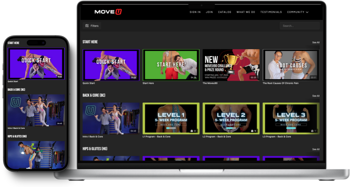 MoveU program library shown on a phone and laptop